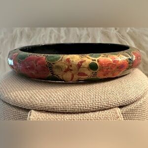 Hand Painted Floral Wood Bangle Bracelet green red gold orange black hue vintage
